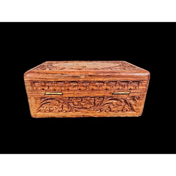 Vintage Wooden Hand Carved Brass Inlay India Sheesham Trinket Jewelry Hinged Box - Picture 4 of 9